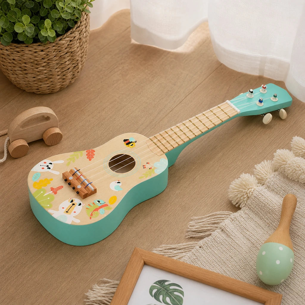 Kids Ukulele Wooden 4-String Musical Instrument set out on a real table at home