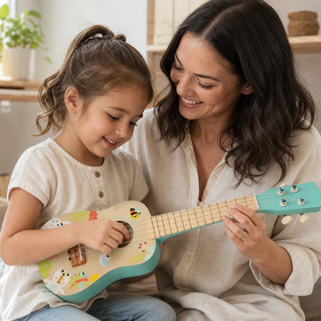Child playing with the Kids Ukulele Wooden 4-String Musical Instrument