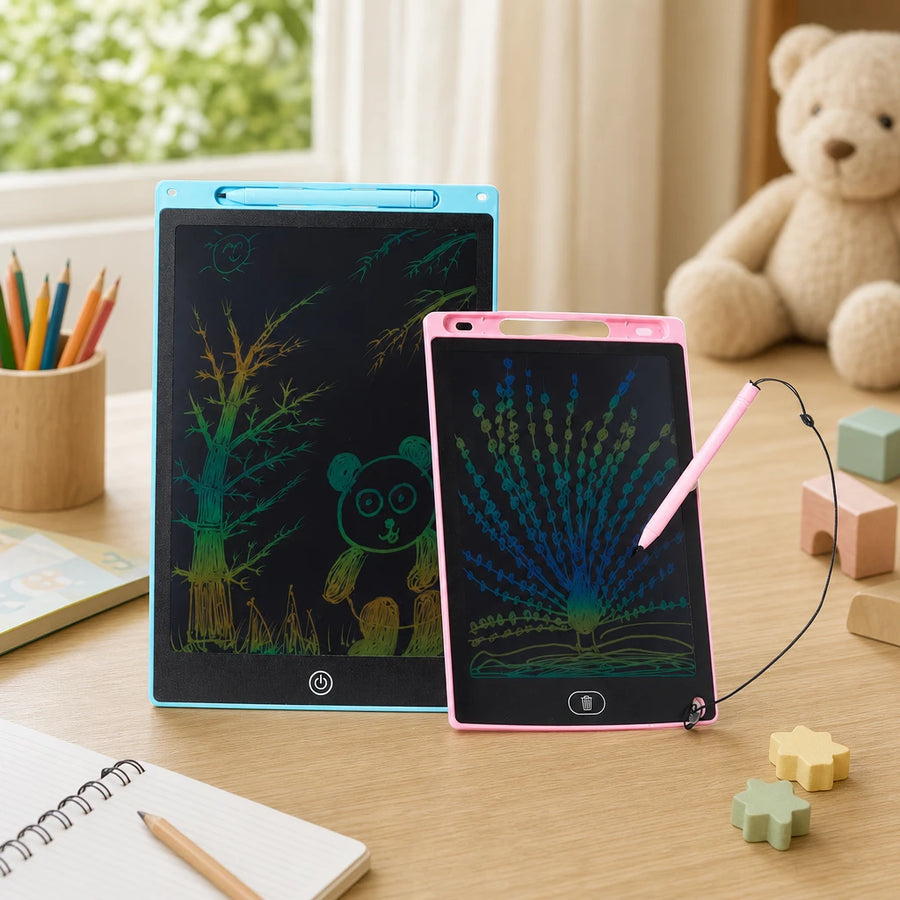 LCD Writing Tablet Colorful Rainbow Screen set out on a real table at home