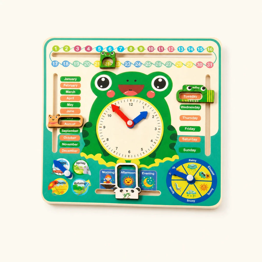 Learning Calendar Clock Wooden Frog Design shown complete on a plain background