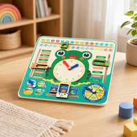 Learning Calendar Clock Wooden Frog Design set out on a real table at home