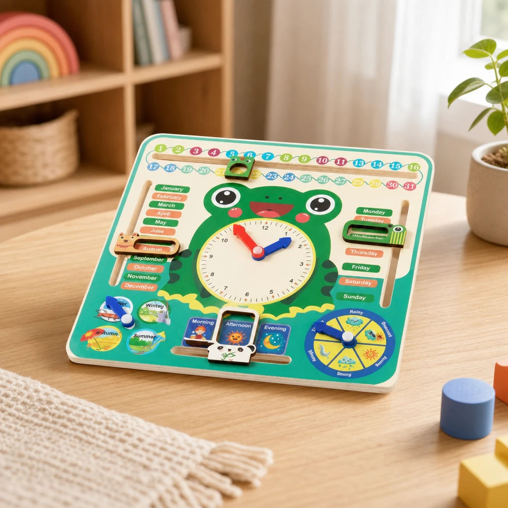 Learning Calendar Clock Wooden Frog Design set out on a real table at home