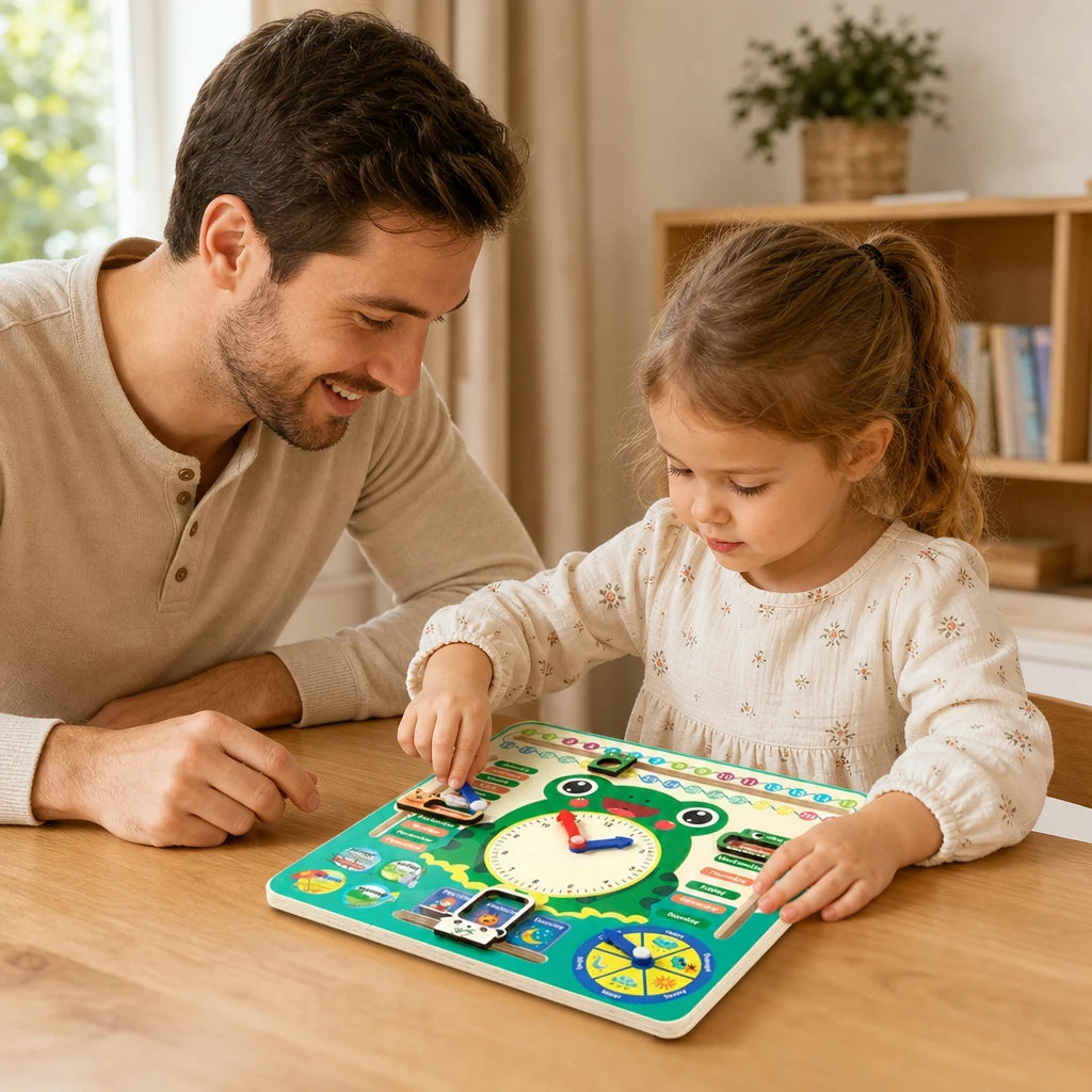 Child playing with the Learning Calendar Clock Wooden Frog Design