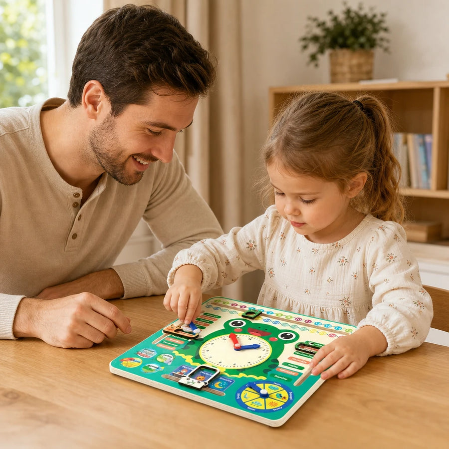 Child playing with the Learning Calendar Clock Wooden Frog Design
