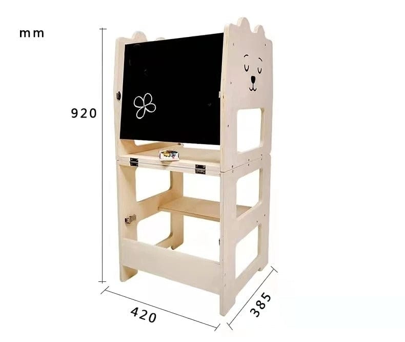 Learning tower easel shown with height and width dimensions