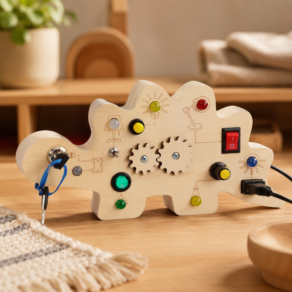 LED Busy Board Dinosaur Switch & Gear Toy - objet surface réelle