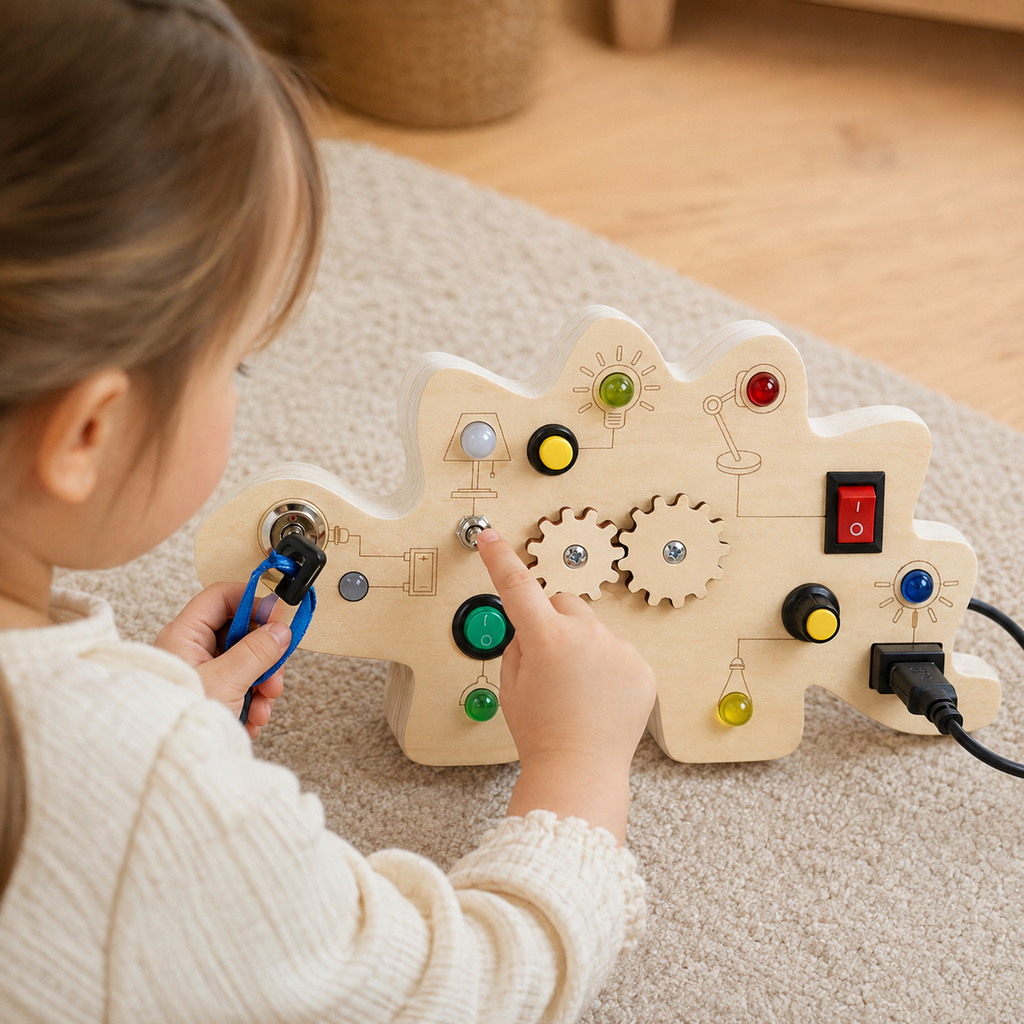 LED Busy Board Dinosaur Switch & Gear Toy - utilisation close up