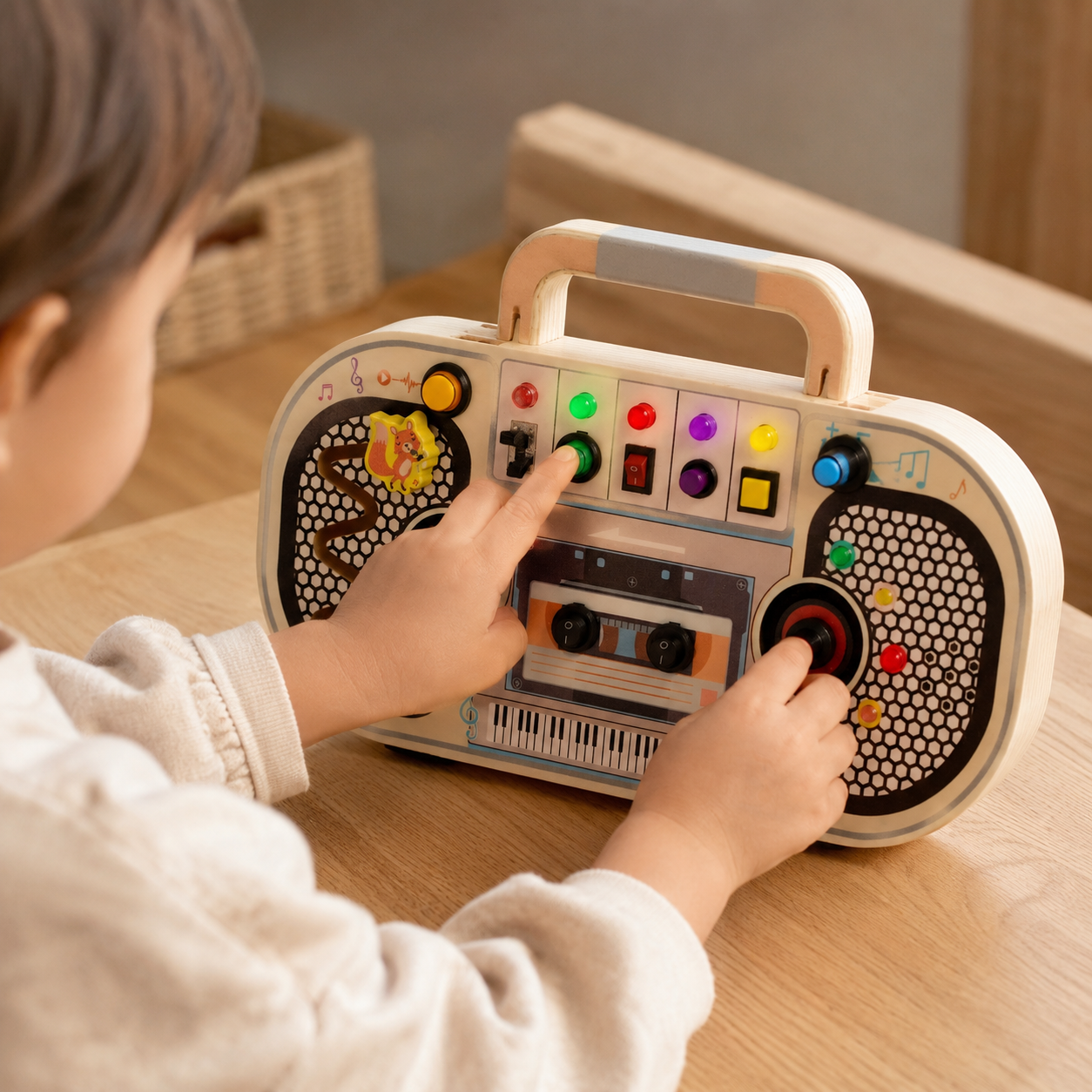LED Busy Board Retro Radio Toy - utilisation close up