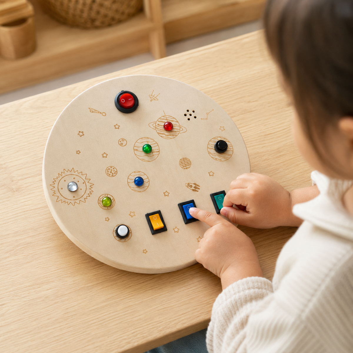 LED Busy Board Round Space Switch Toy - utilisation close up