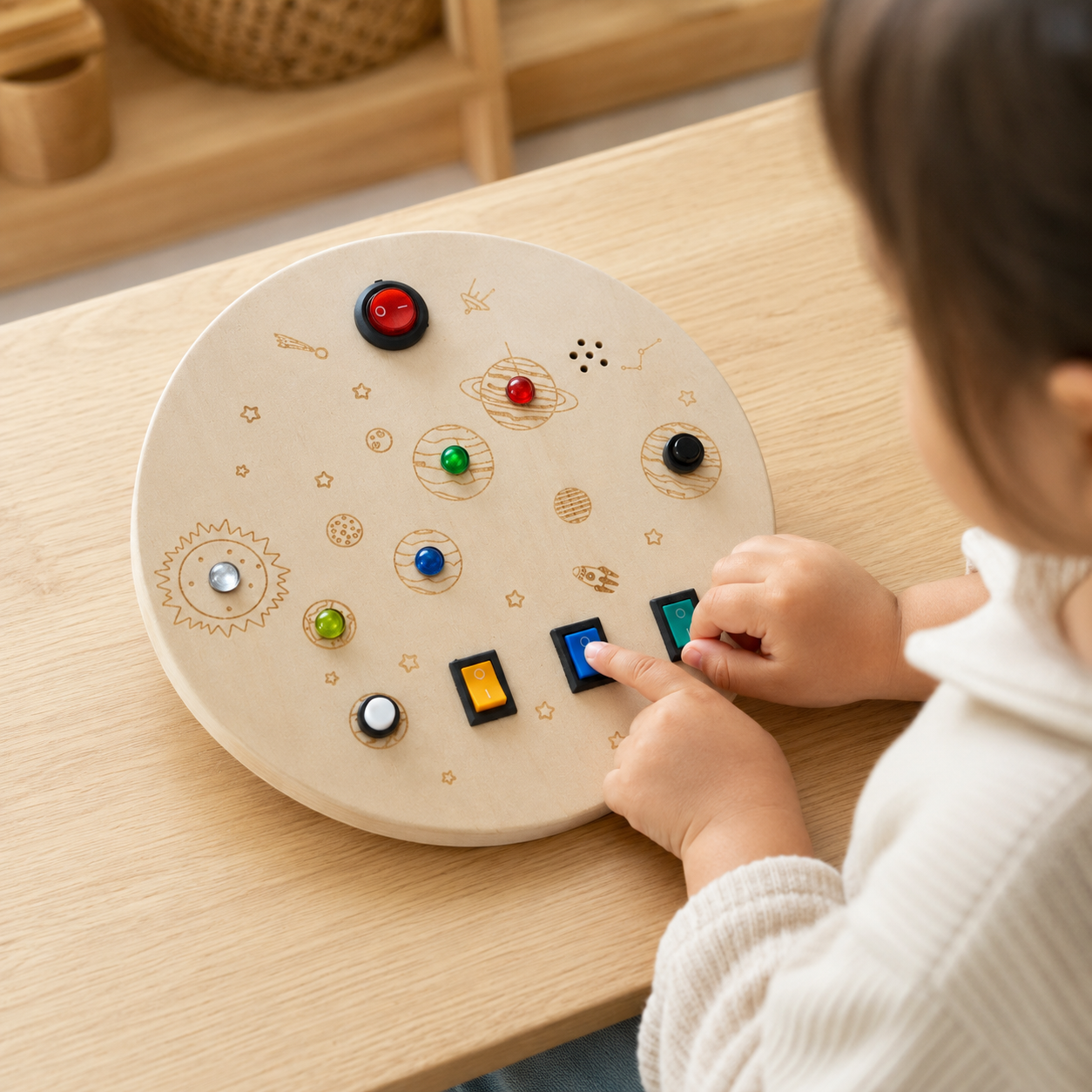 LED Busy Board Round Space Switch Toy - utilisation close up