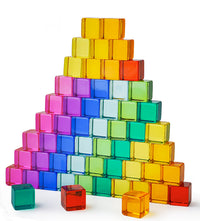 Translucent rainbow acrylic cubes stacked into a pyramid