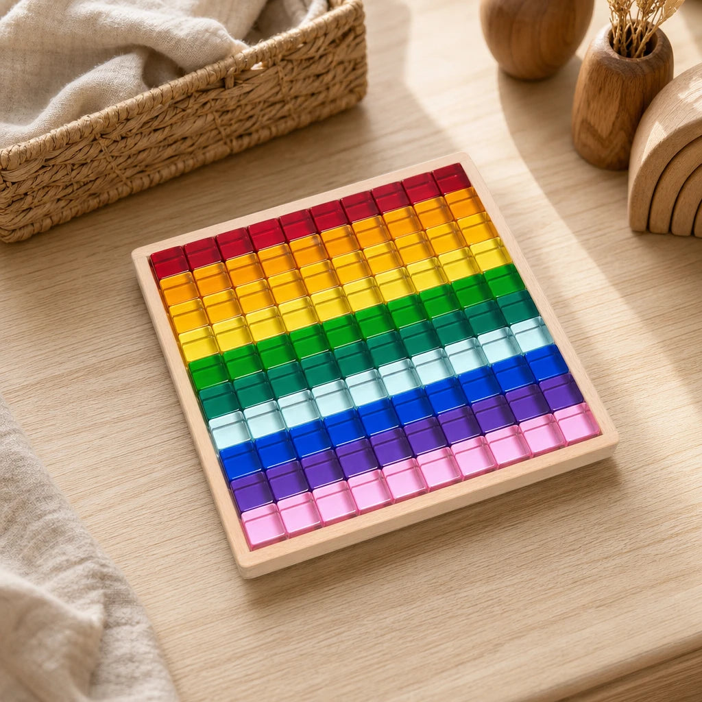 Light Catching Blocks Rainbow Acrylic Set set out on a real table at home