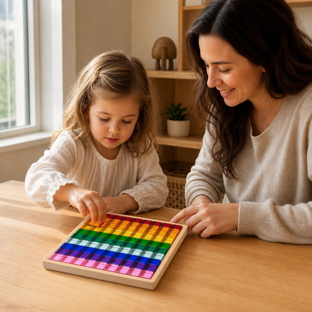 Child playing with the Light Catching Blocks Rainbow Acrylic Set