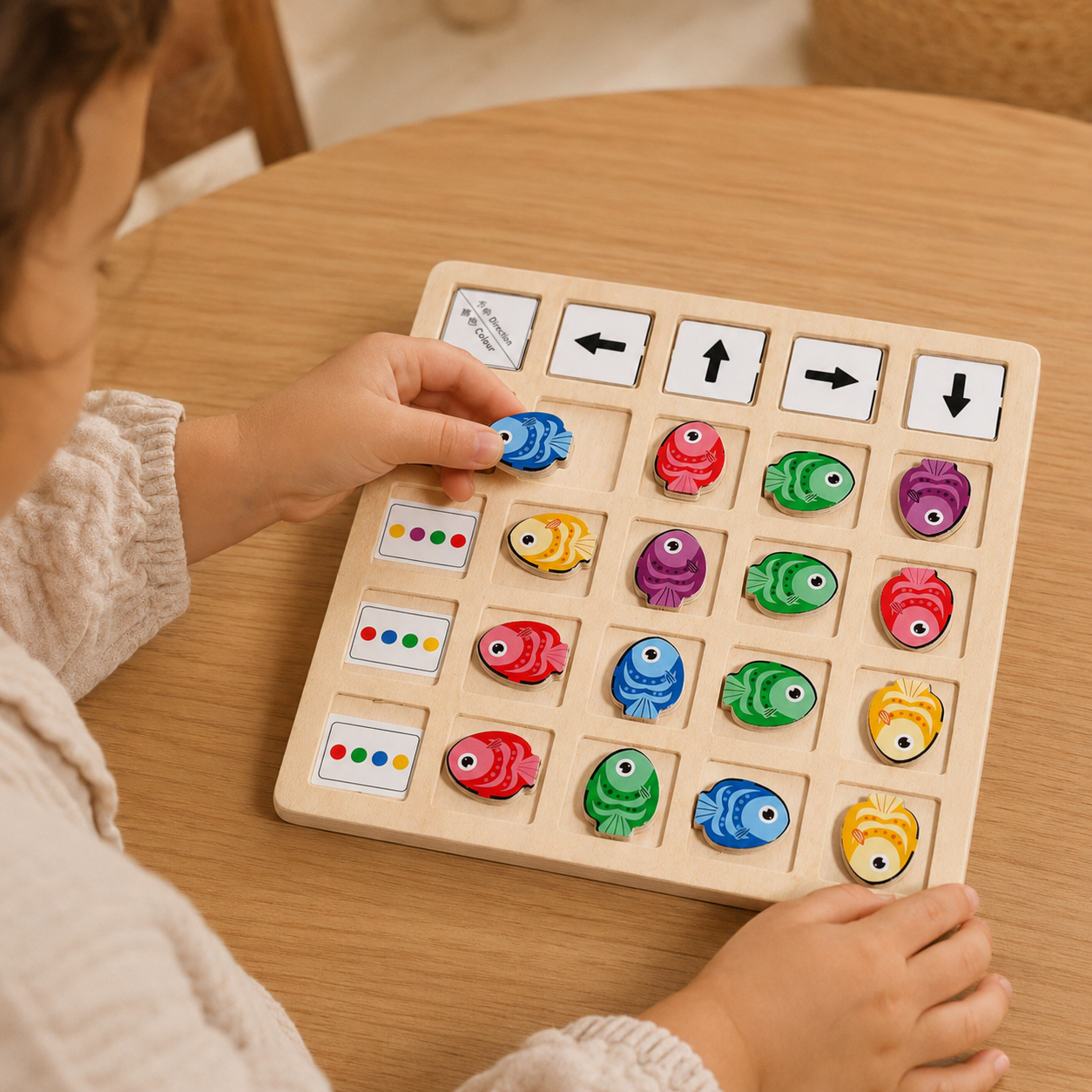Logic Board Game with Directional Fish Pieces - utilisation close up