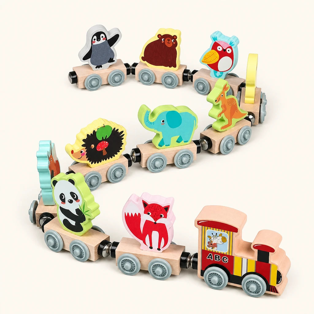 Magnetic Animal Train - 11-Piece Wooden Set shown complete on a plain background