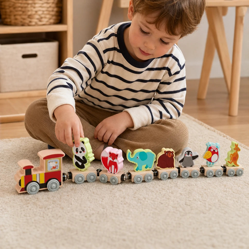 Close-up of a child's hands using the Magnetic Animal Train - 11-Piece Wooden Set