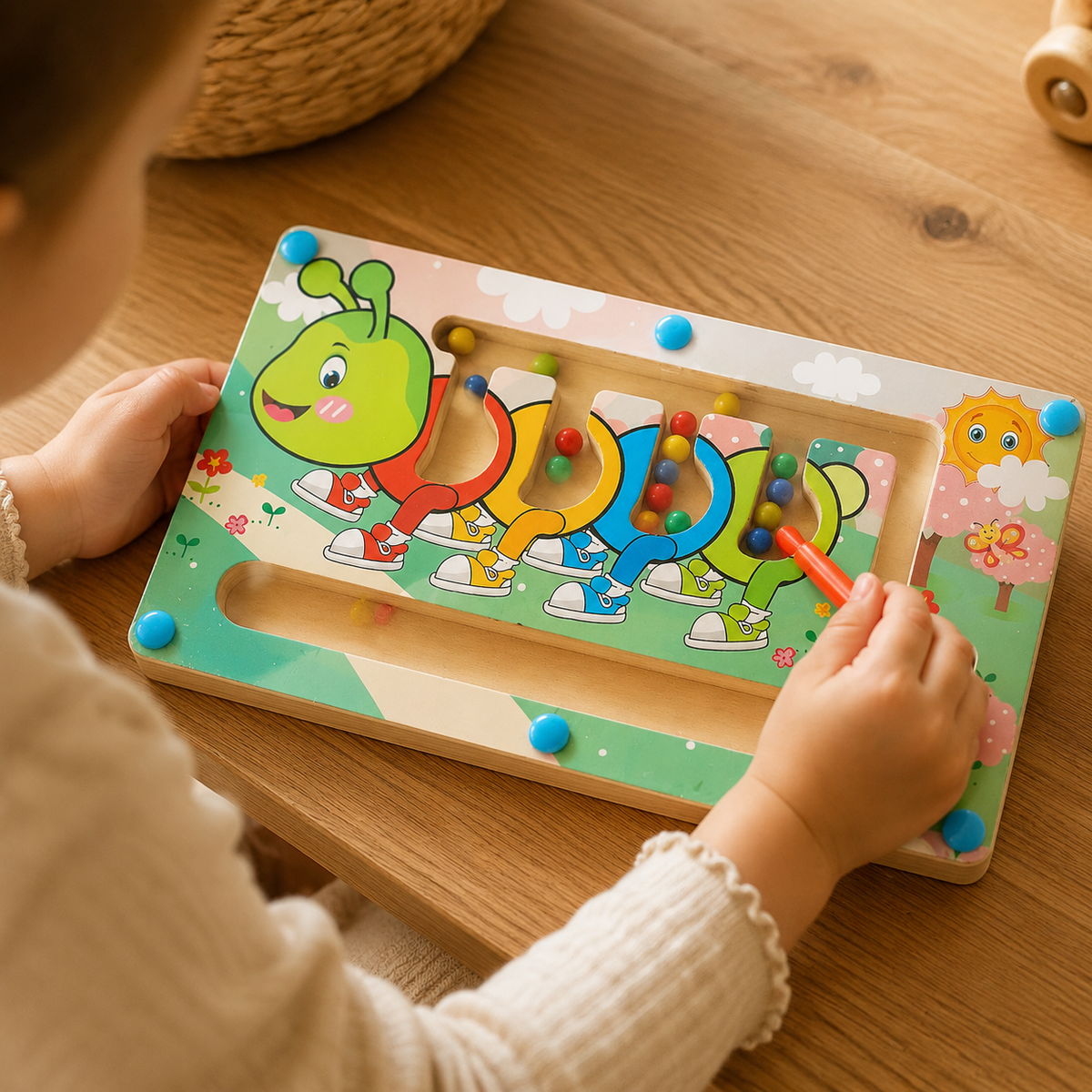 Magnetic Bead Maze Caterpillar Color Matching Board - utilisation close up