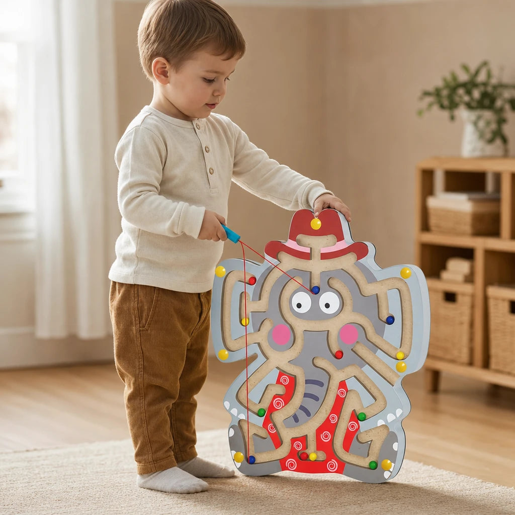 Close-up of a child's hands using the Magnetic Bead Maze Elephant - Wooden Learning Toy