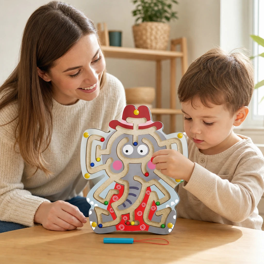 Child playing with the Magnetic Bead Maze Elephant - Wooden Learning Toy