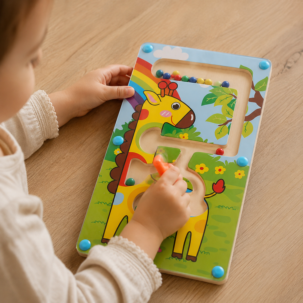 Magnetic Bead Maze Giraffe Wooden Toy - utilisation close up