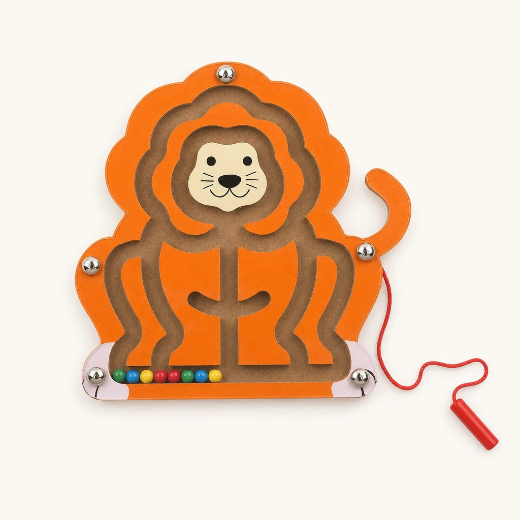 Magnetic Bead Maze Lion Wooden Toy shown complete on a plain background