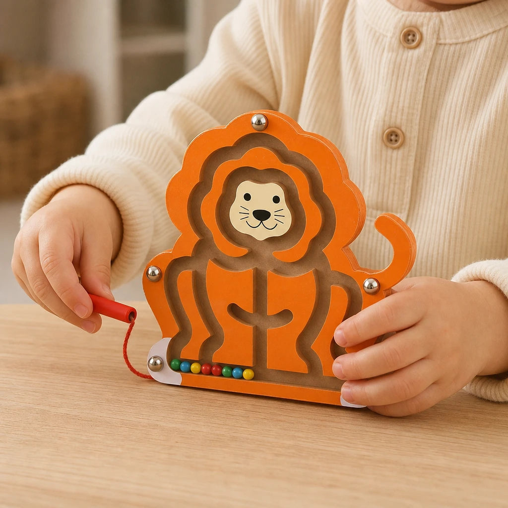 Close-up of a child's hands using the Magnetic Bead Maze Lion Wooden Toy