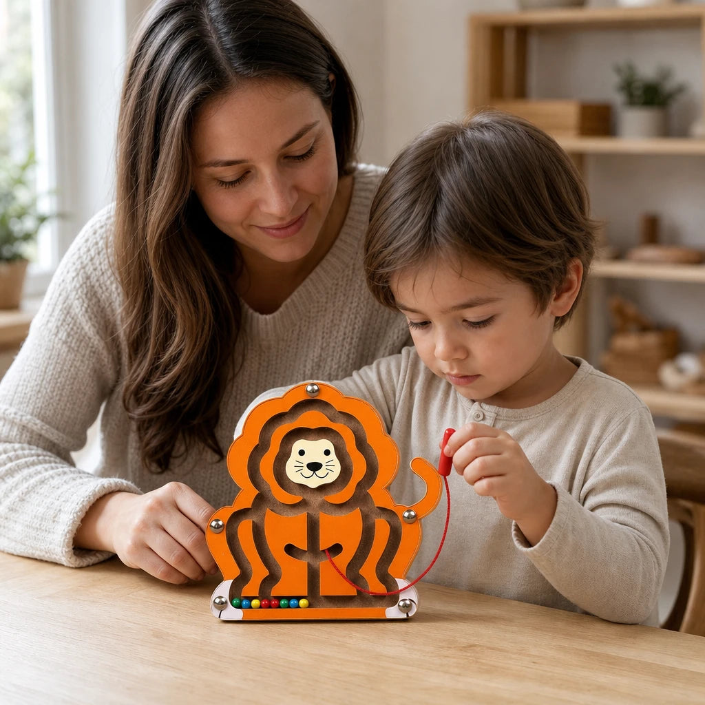 Child playing with the Magnetic Bead Maze Lion Wooden Toy