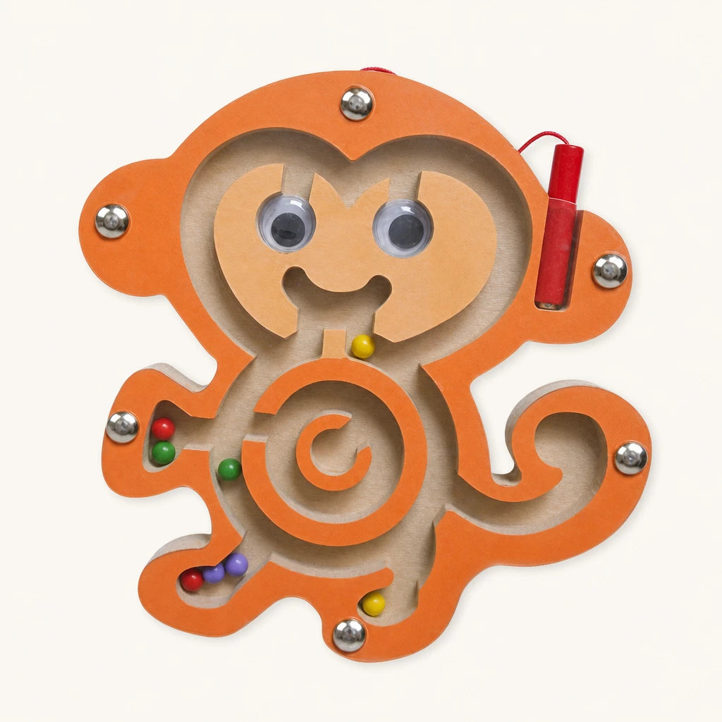 Magnetic Bead Maze Monkey Wooden Toy shown complete on a plain background