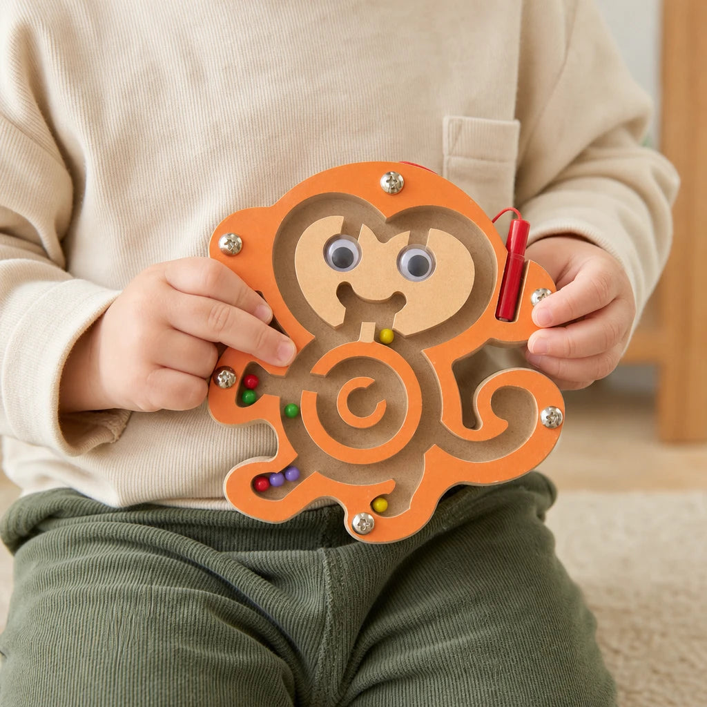 Close-up of a child's hands using the Magnetic Bead Maze Monkey Wooden Toy
