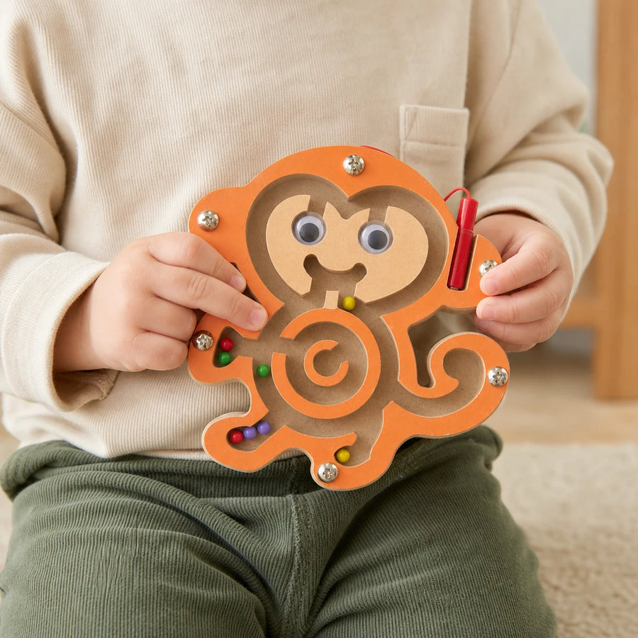 Close-up of a child's hands using the Magnetic Bead Maze Monkey Wooden Toy