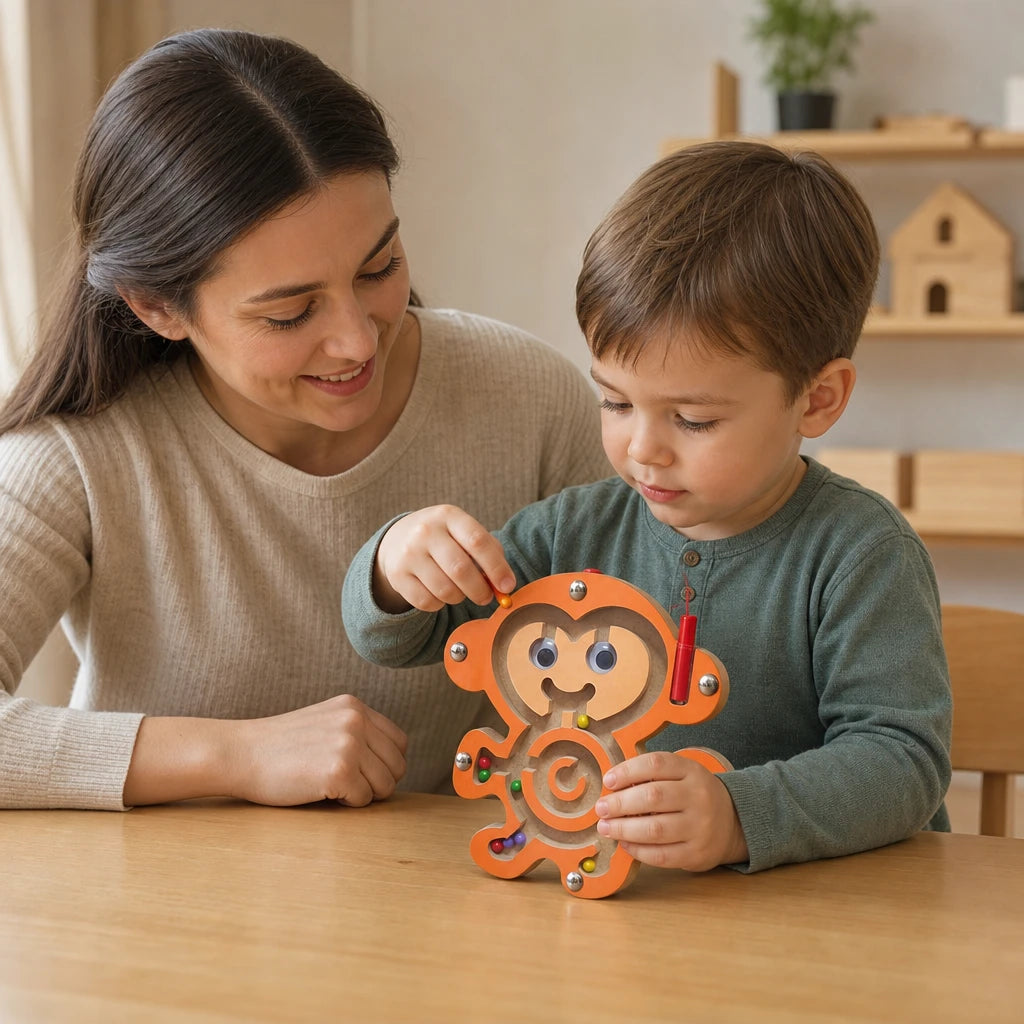 Child playing with the Magnetic Bead Maze Monkey Wooden Toy