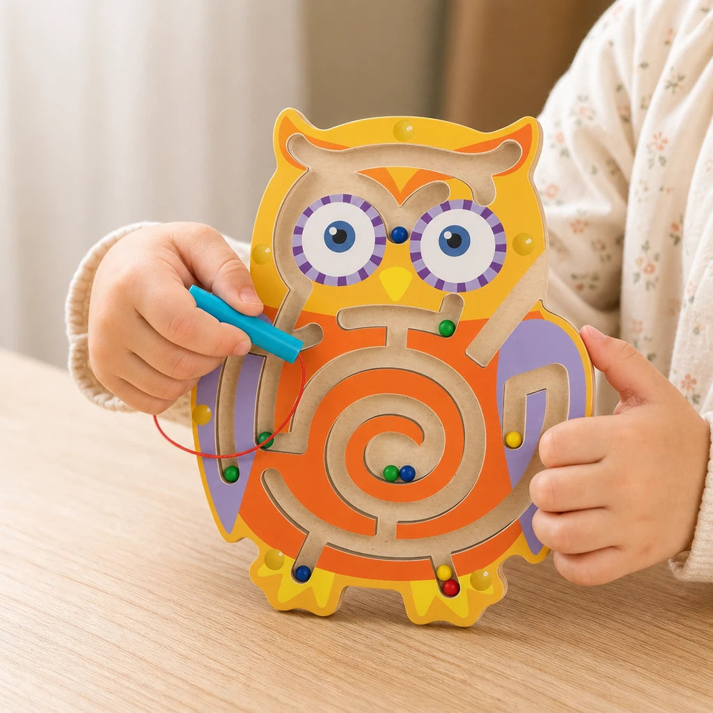 Close-up of a child's hands using the Magnetic Bead Maze Owl