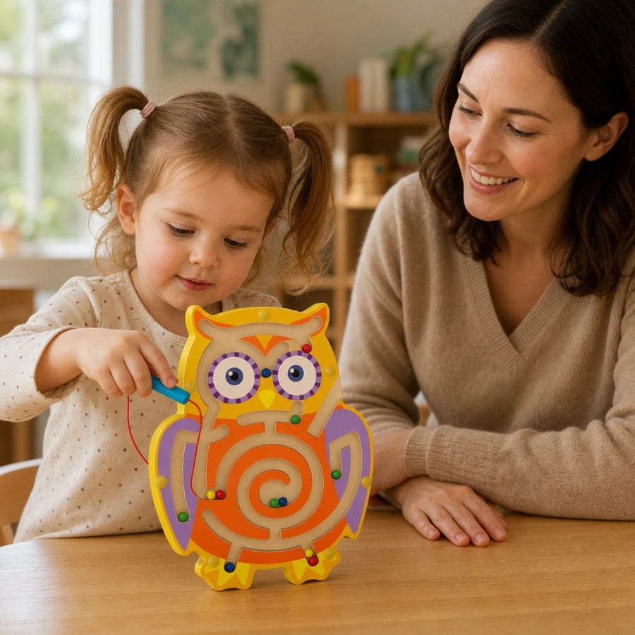Child playing with the Magnetic Bead Maze Owl