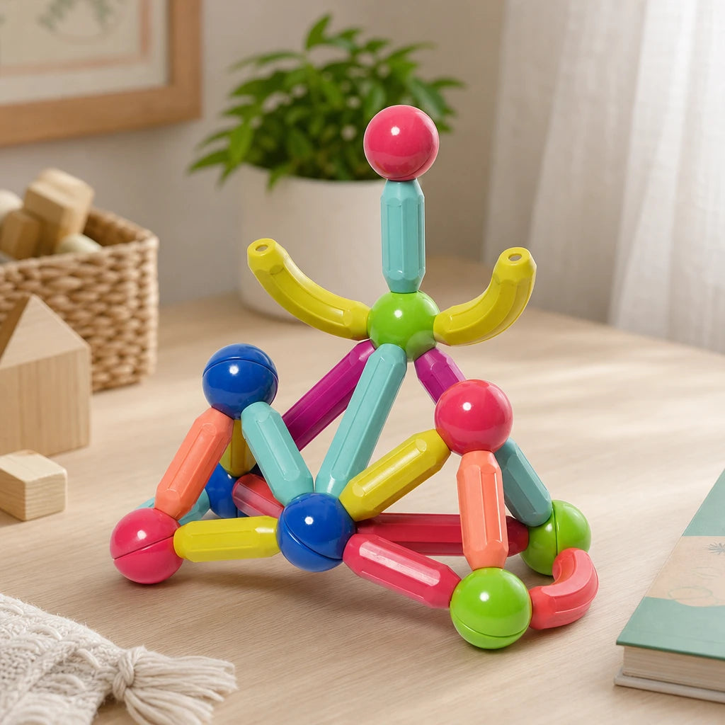 Magnetic Building Blocks Set with 36 Colorful Pieces shown on a real table surface