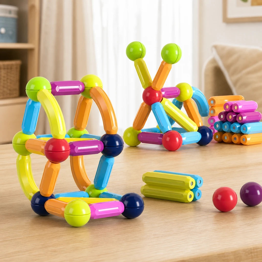Magnetic Building Blocks Stick & Ball Set set out on a real table at home