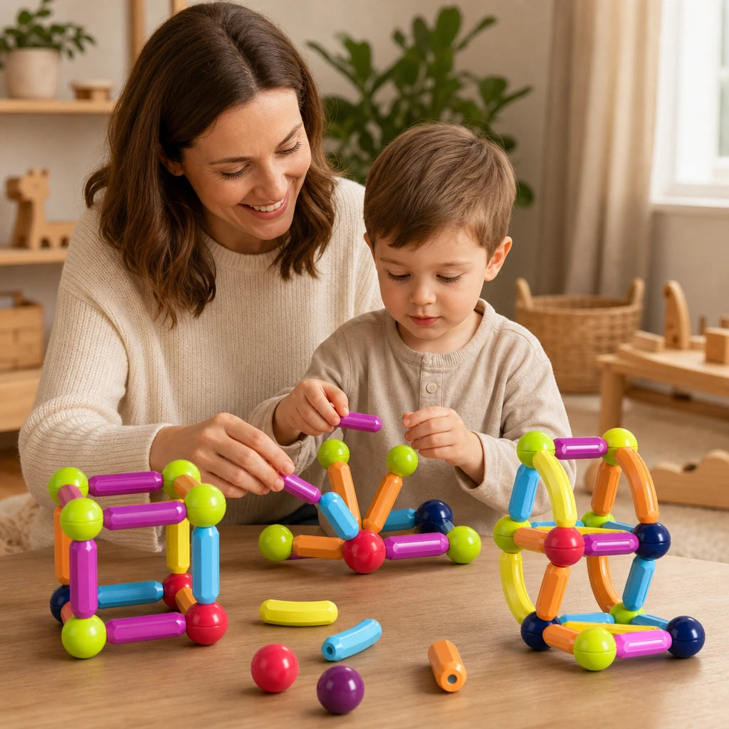 Child playing with the Magnetic Building Blocks Stick & Ball Set