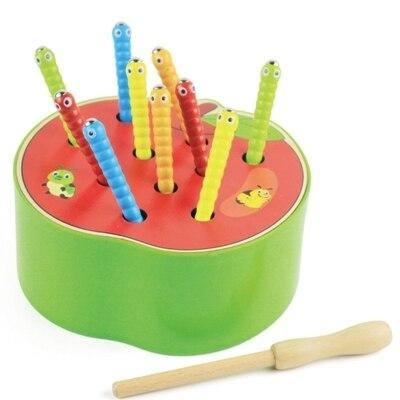 Magnetic caterpillar toy on a green apple base with wooden wand