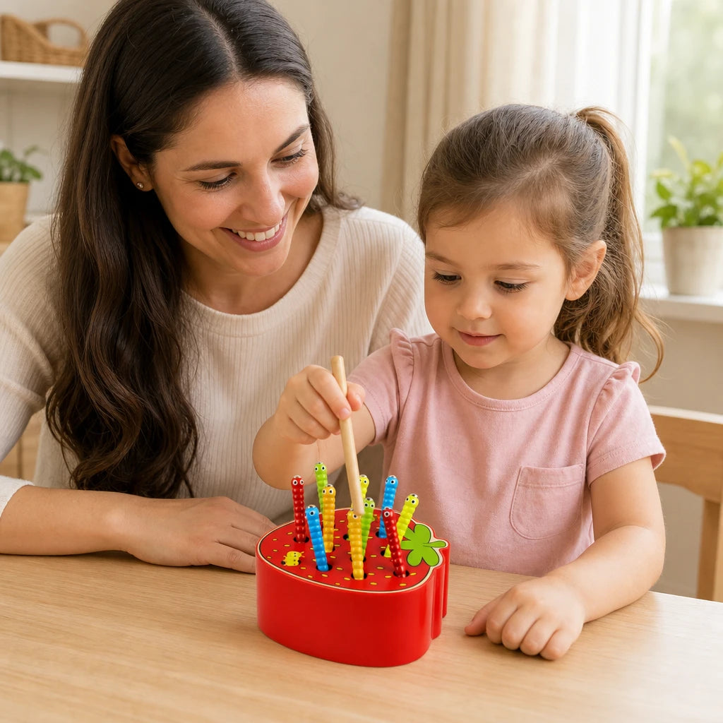 Child playing with the Magnetic Caterpillar Toy Strawberry Base