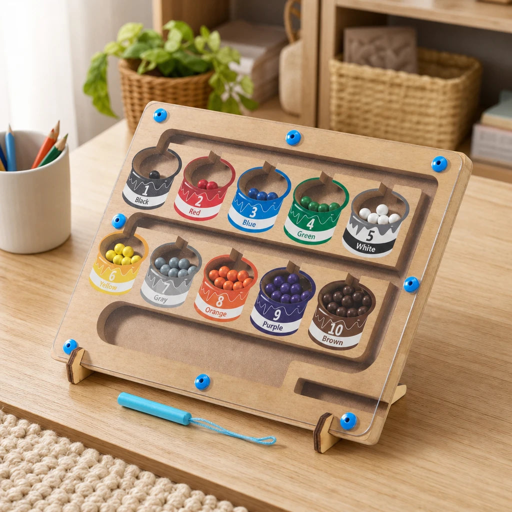 Magnetic Color Maze – Counting & Sorting Game set out on a real table at home