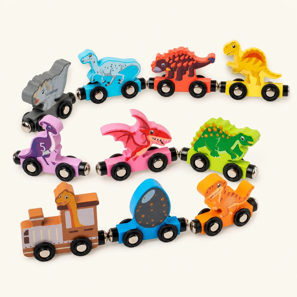 Magnetic Dinosaur Train - Wooden Montessori Toy shown complete on a plain background