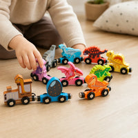 Close-up of a child's hands using the Magnetic Dinosaur Train - Wooden Montessori Toy