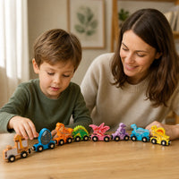 Child playing with the Magnetic Dinosaur Train - Wooden Montessori Toy