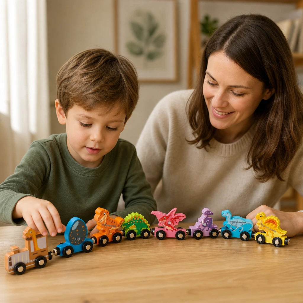 Child playing with the Magnetic Dinosaur Train - Wooden Montessori Toy