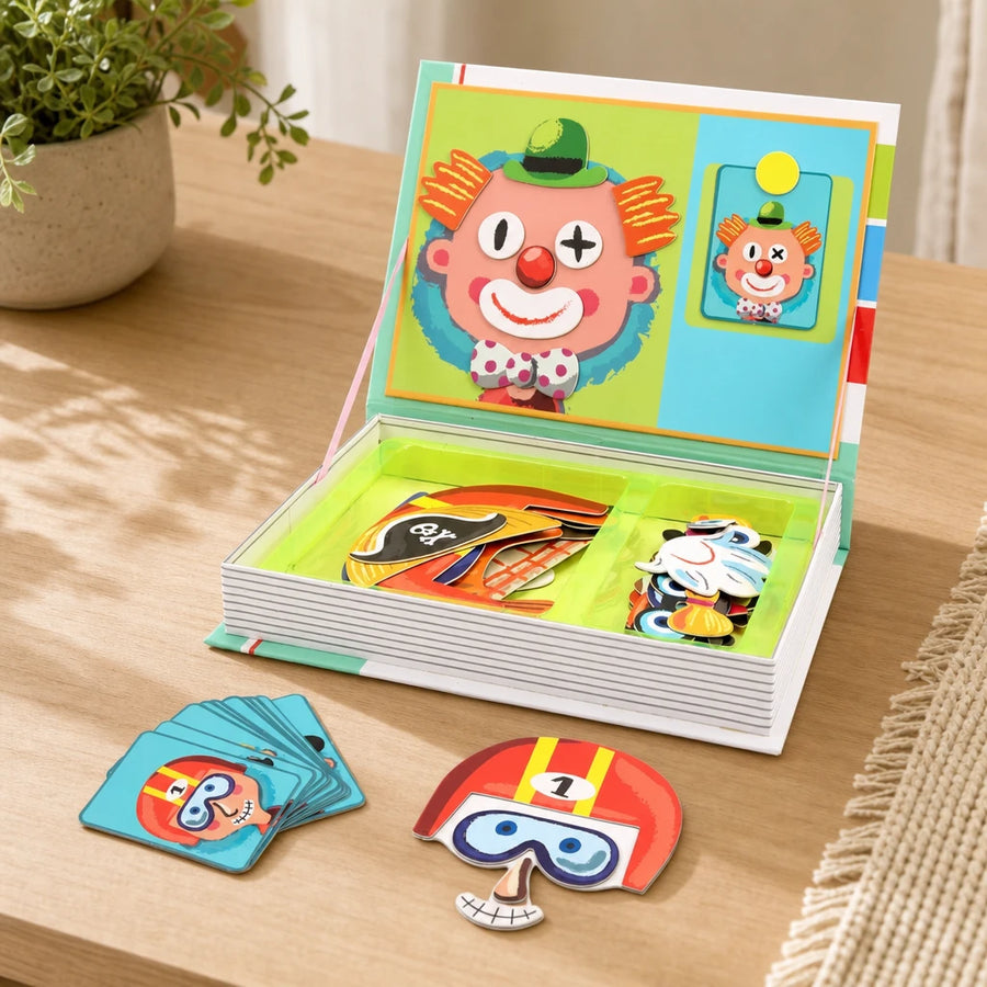 Magnetic Face Puzzle Portrait Builder Book set out on a real table at home