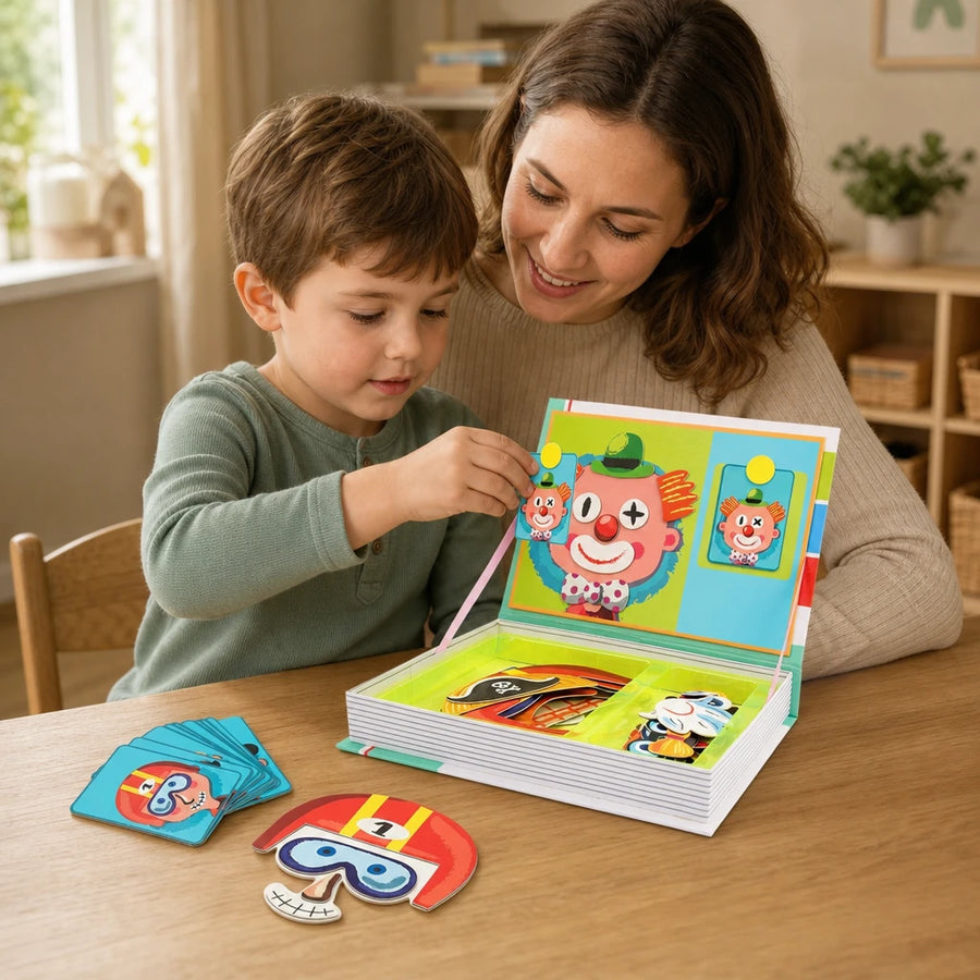 Child playing with the Magnetic Face Puzzle Portrait Builder Book