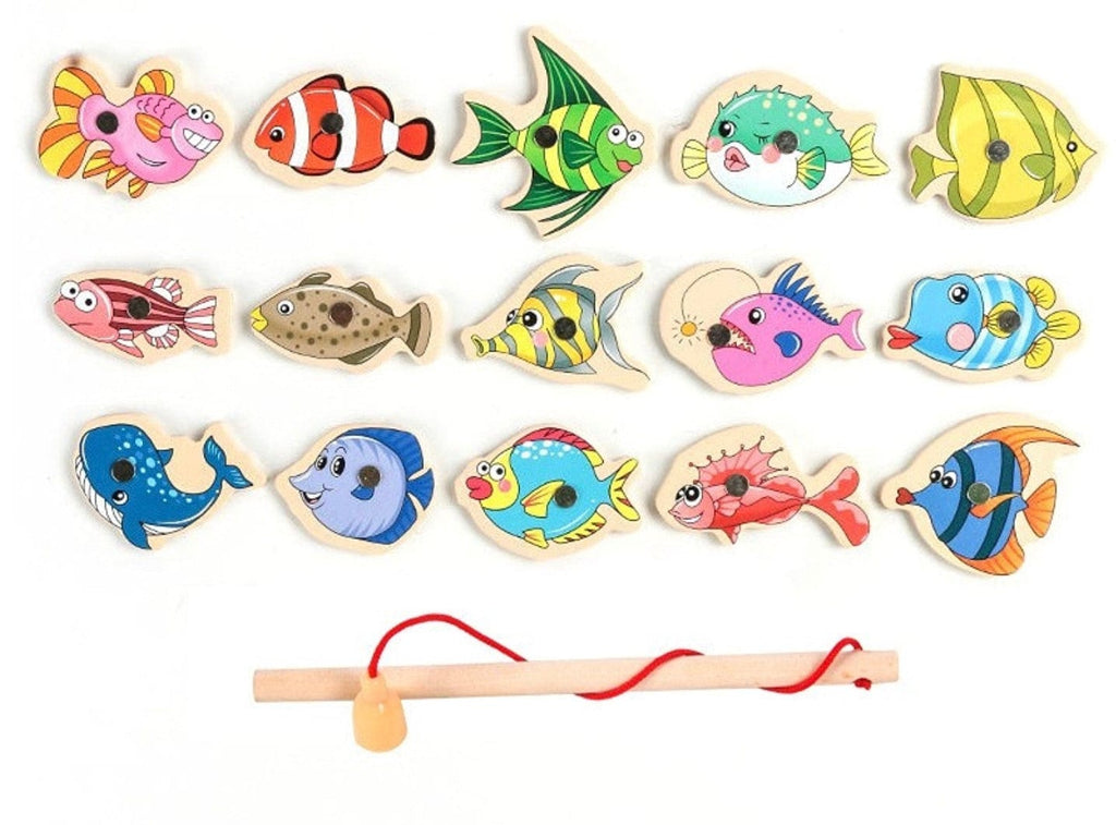 Set of wooden magnetic fish in bright colours with a fishing rod