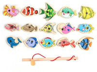 Set of wooden magnetic fish in bright colours with a fishing rod