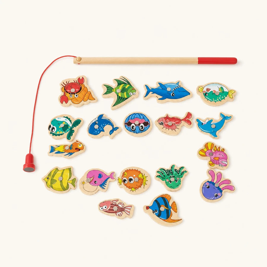 Magnetic Fishing Game Ocean Animals Wooden Set shown complete on a plain background