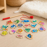 Magnetic Fishing Game Ocean Animals Wooden Set set out on a real table at home