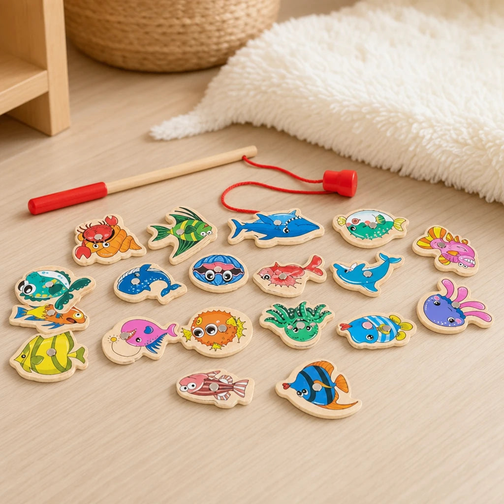 Magnetic Fishing Game Ocean Animals Wooden Set set out on a real table at home
